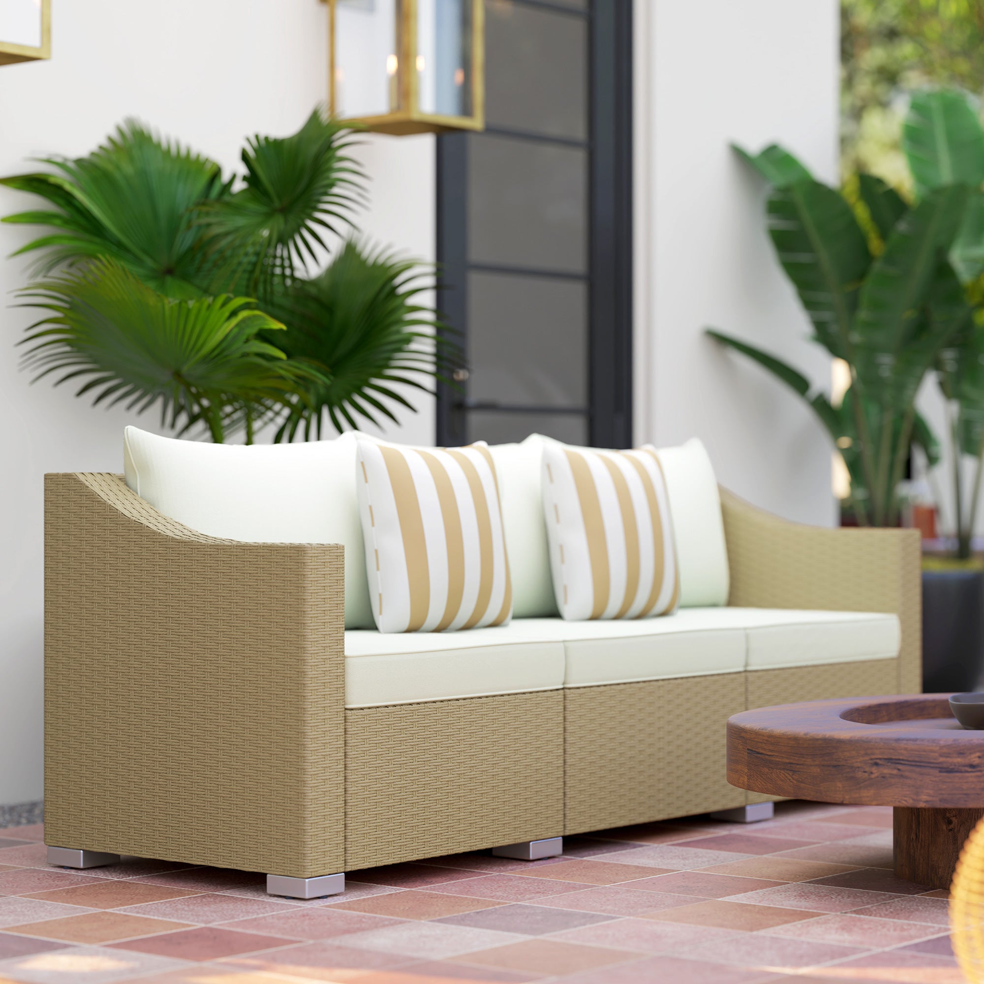 3 Seater Patio Couch with Throw Pillows on Cushions