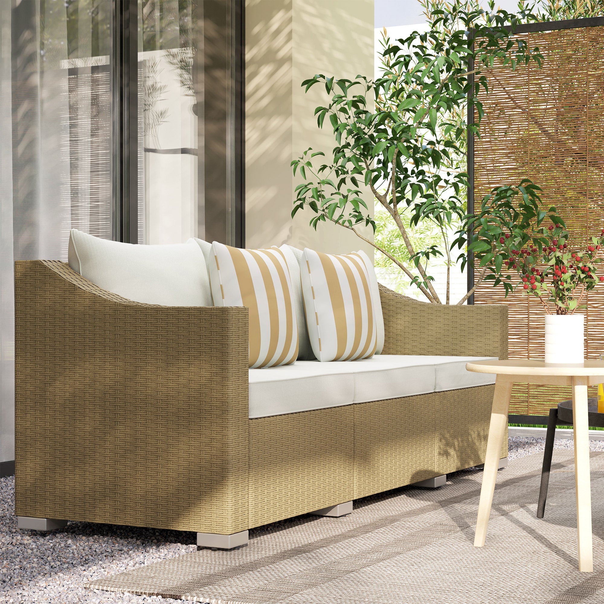 3 Seater Patio Couch with Throw Pillows on Cushions