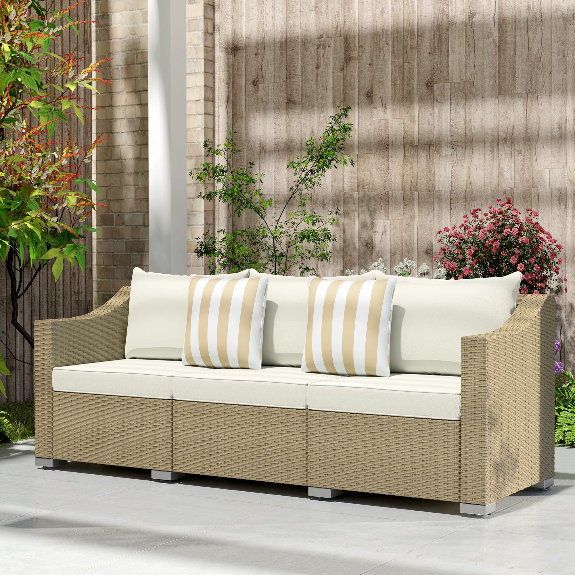 3 Seater Patio Couch with Throw Pillows on Cushions