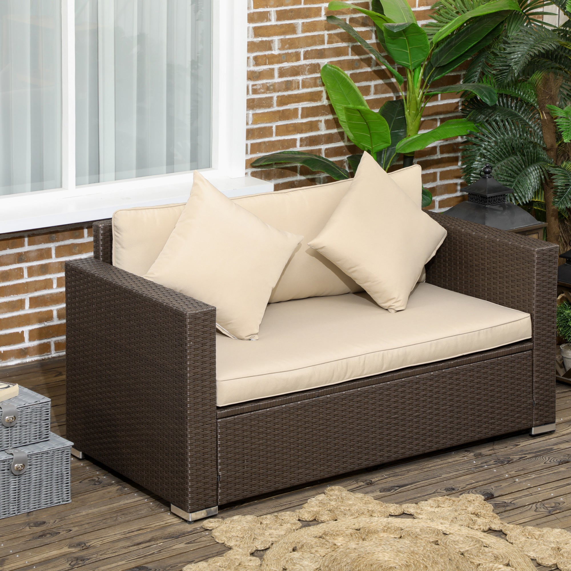 PE Rattan Sofa with  2 Throw Pillows
