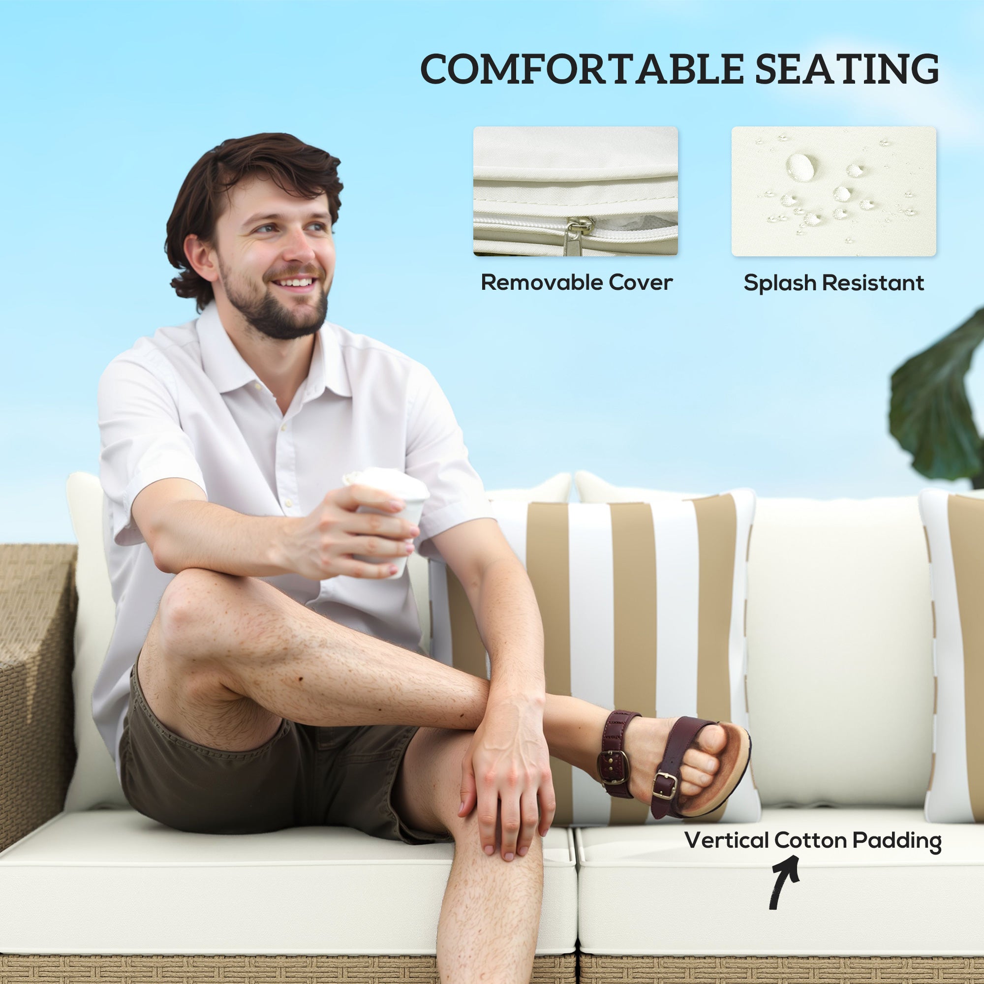 3 Seater Patio Couch with Throw Pillows on Cushions